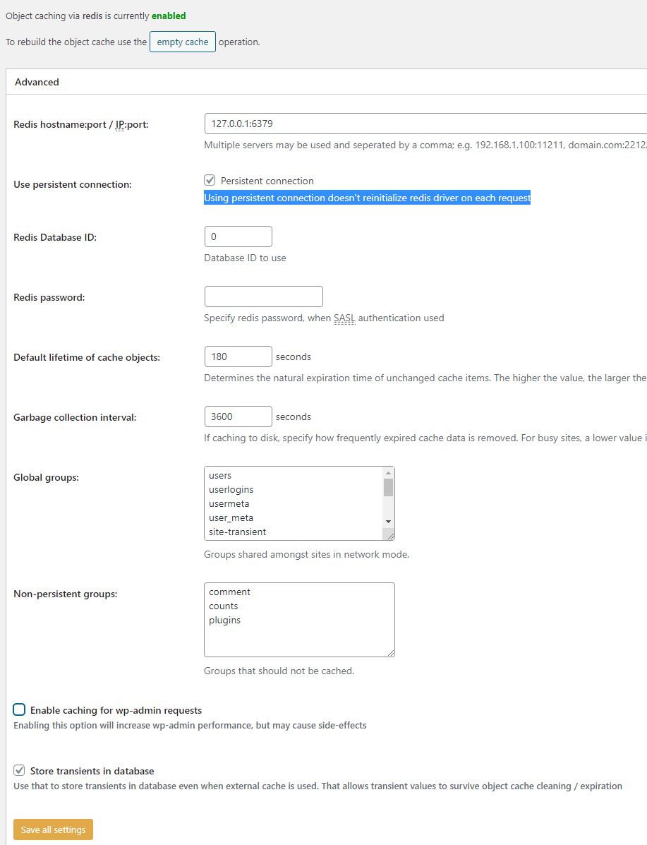 redis Object Cache - W3 Total Cache